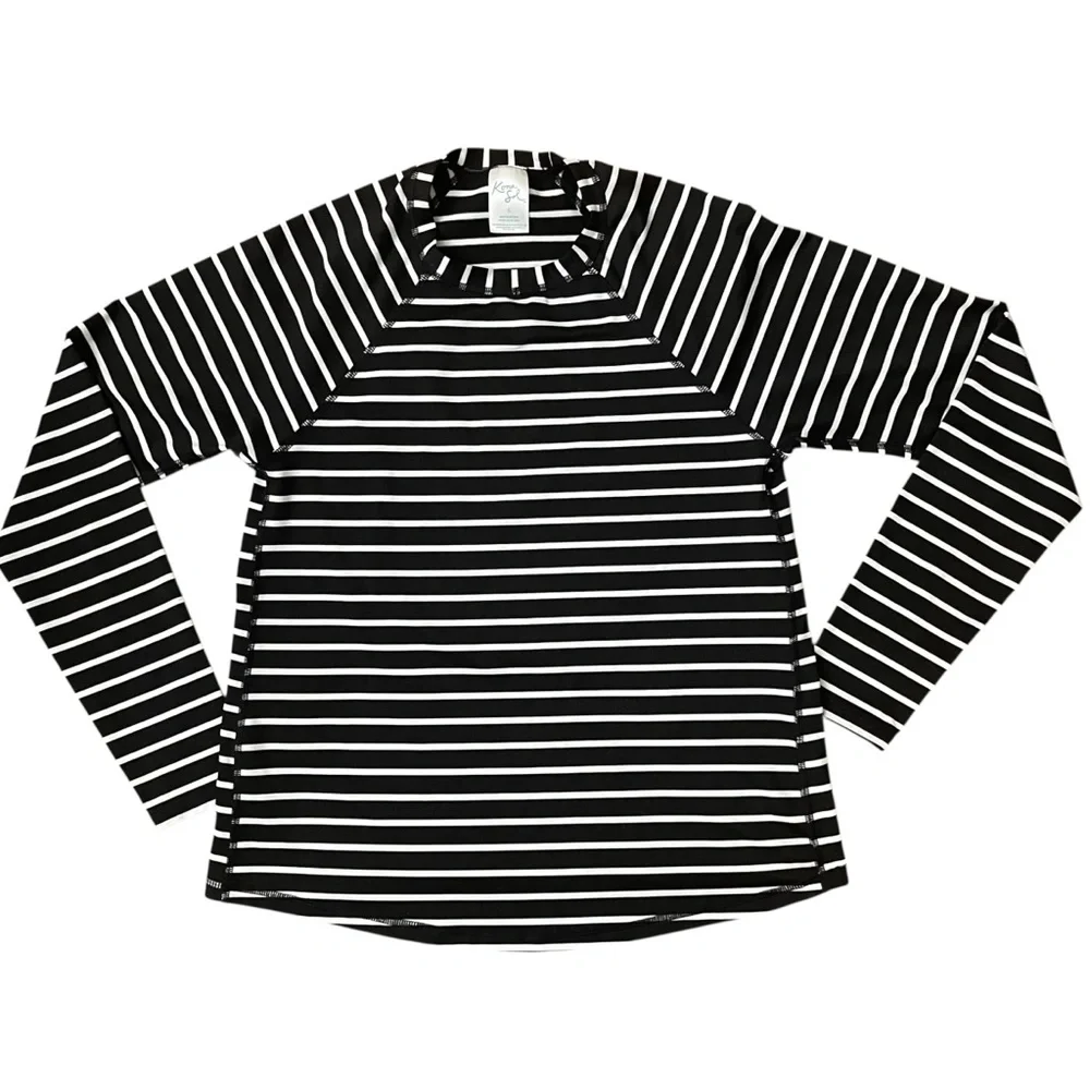 Kona Sol Black White Striped Rash Guard Swim Top S Long Sleeve UPF Surf Shirt